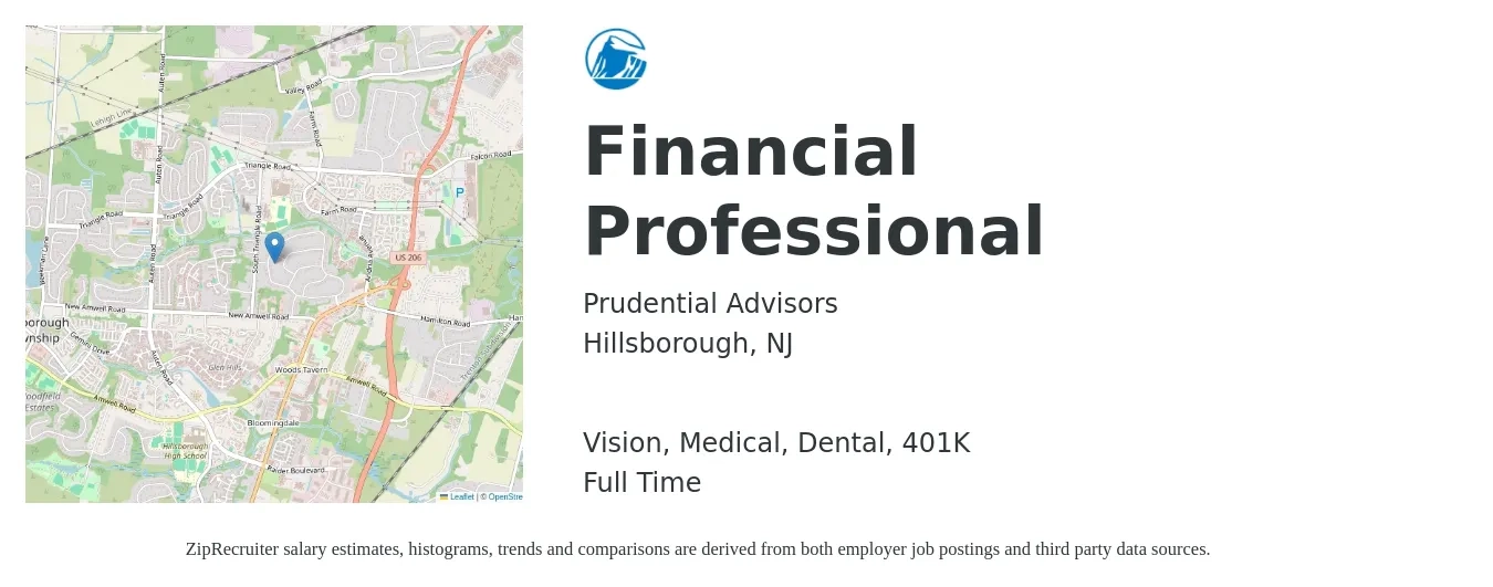 Prudential Advisors job posting for a Financial Professional in Hillsborough, NJ with a salary of $74,700 to $108,500 Yearly and benefits including dental, life_insurance, medical, vision, and 401k with a map of Hillsborough location.