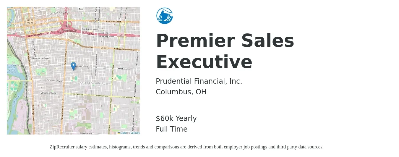 Prudential Financial, Inc. job posting for a Premier Sales Executive in Columbus, OH with a salary of $60,000 Yearly with a map of Columbus location.