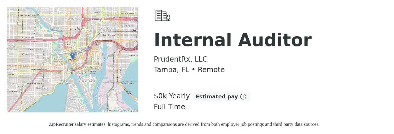 PrudentRx, LLC job posting for a Internal Auditor in Tampa, FL with a salary of $83 to $88 Yearly with a map of Tampa location.