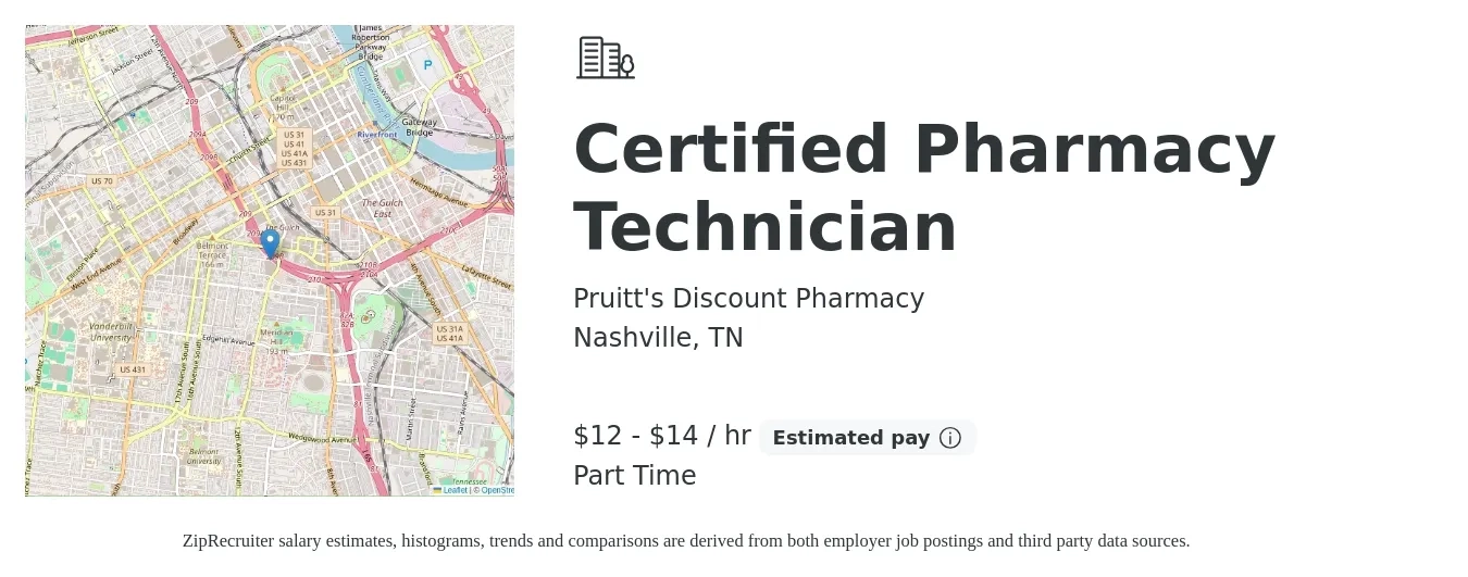 Pruitt's Discount Pharmacy job posting for a Certified Pharmacy Technician in Nashville, TN with a salary of $13 to $15 Hourly with a map of Nashville location.