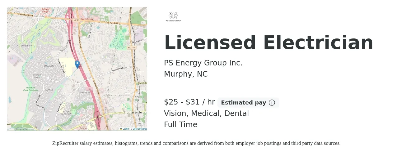 PS Energy Group Inc. job posting for a Licensed Electrician in Murphy, NC with a salary of $26 to $33 Hourly and benefits including life_insurance, medical, pto, retirement, vision, and dental with a map of Murphy location.
