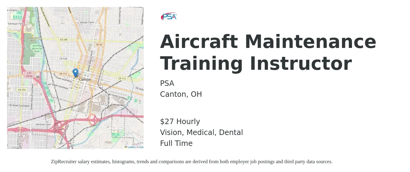PSA job posting for a Aircraft Maintenance Training Instructor in Canton, OH with a salary of $28 Hourly and benefits including dental, life_insurance, medical, pto, retirement, and vision with a map of Canton location.