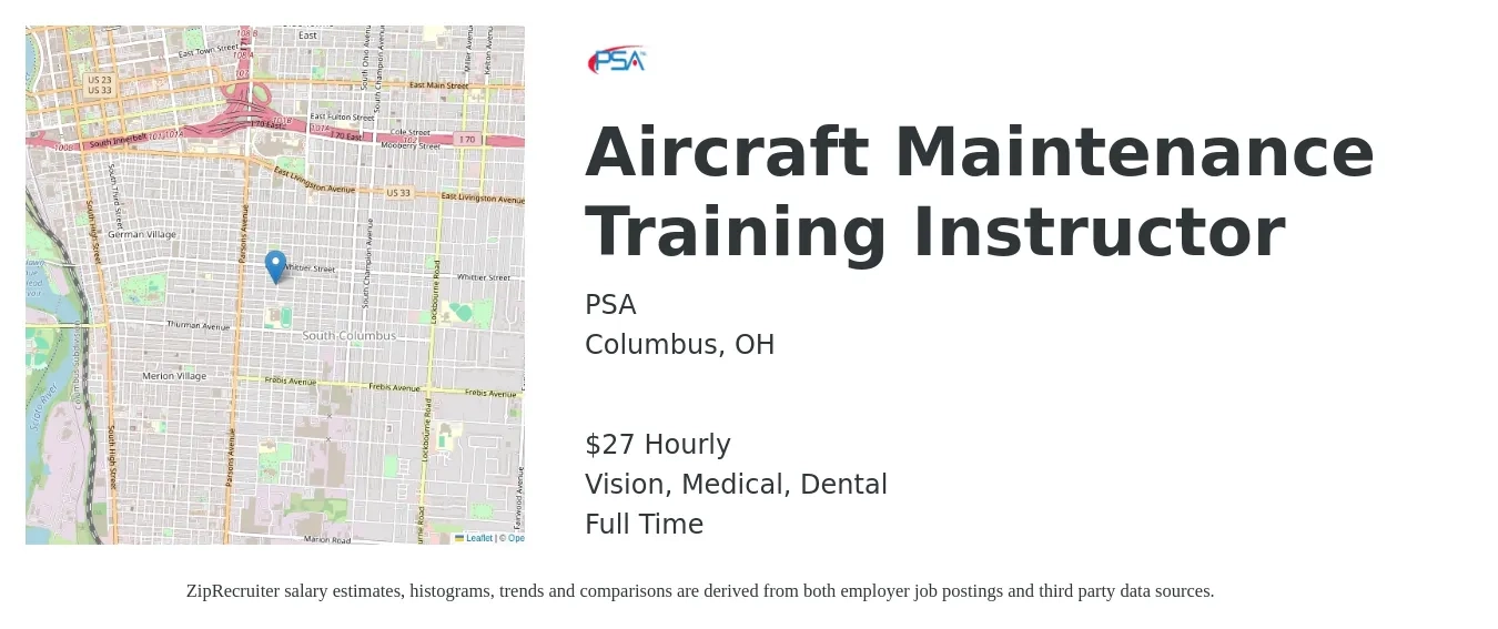 PSA job posting for a Aircraft Maintenance Training Instructor in Columbus, OH with a salary of $28 Hourly and benefits including retirement, vision, dental, life_insurance, medical, and pto with a map of Columbus location.