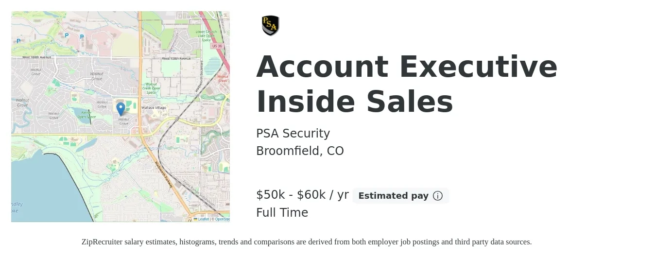 PSA Security job posting for a Account Executive Inside Sales in Broomfield, CO with a salary of $50,000 to $60,000 Yearly with a map of Broomfield location.