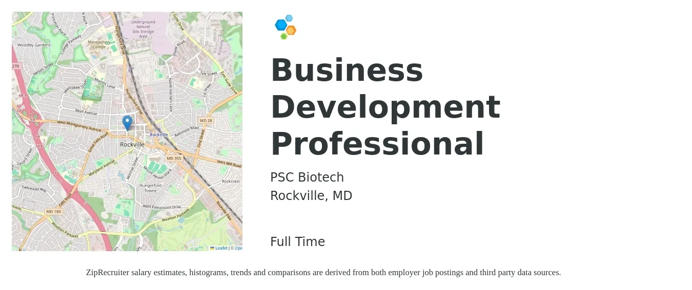 PSC Biotech job posting for a Business Development Professional in Rockville, MD with a salary of $51,000 to $91,300 Yearly with a map of Rockville location.