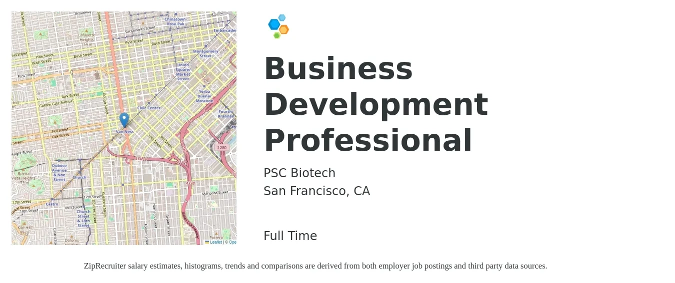 PSC Biotech job posting for a Business Development Professional in San Francisco, CA with a salary of $58,900 to $105,400 Yearly with a map of San Francisco location.