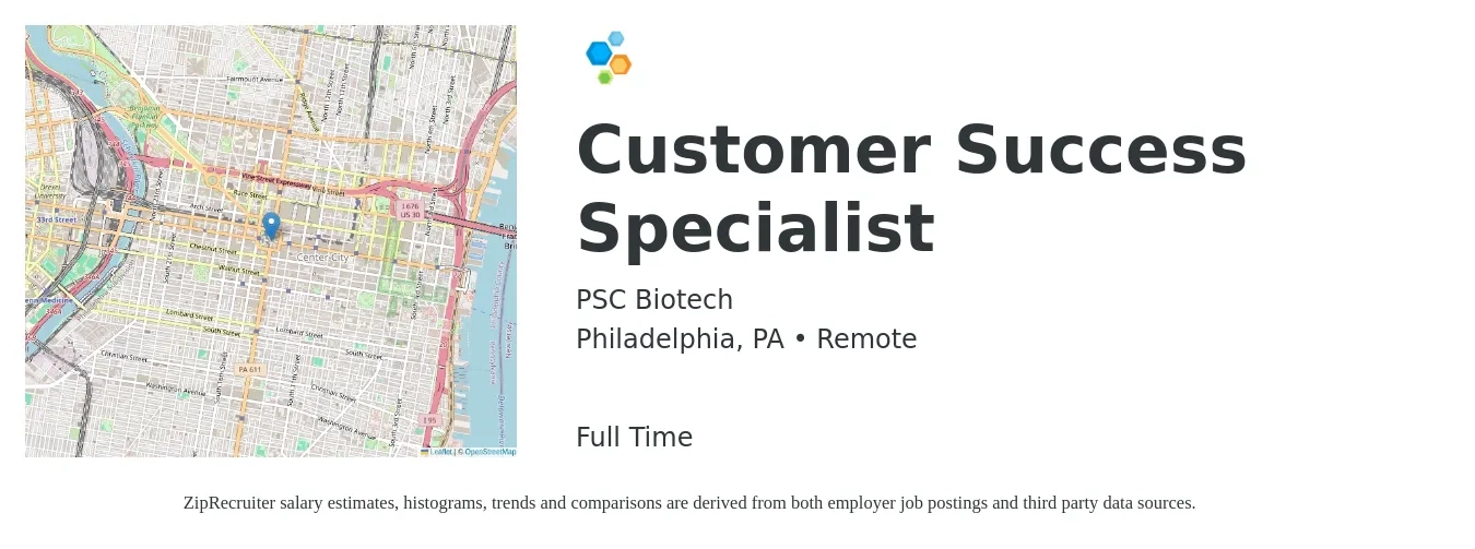 PSC Biotech job posting for a Customer Success Specialist in Philadelphia, PA with a salary of $18 to $26 Hourly with a map of Philadelphia location.