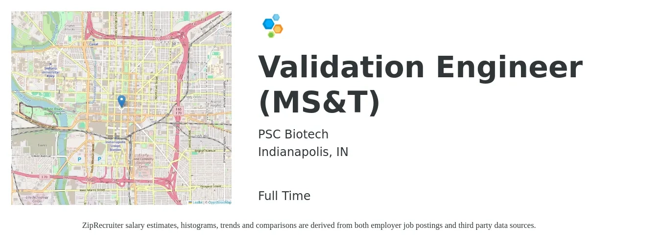 PSC Biotech job posting for a Validation Engineer (MS&T) in Indianapolis, IN with a salary of $39 to $63 Hourly with a map of Indianapolis location.