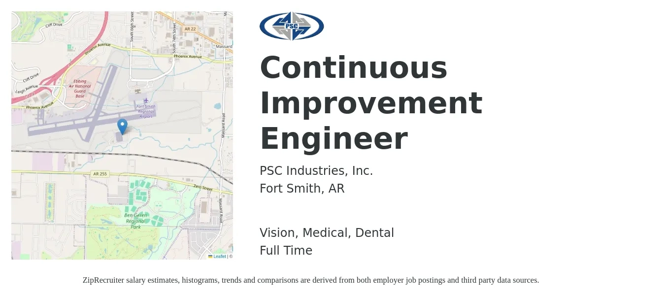PSC Industries, Inc. job posting for a Continuous Improvement Engineer in Fort Smith, AR with a salary of $76,200 to $101,800 Yearly and benefits including vision, dental, life_insurance, medical, pto, and retirement with a map of Fort Smith location.