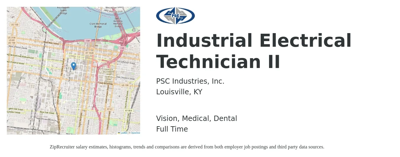 PSC Industries, Inc. job posting for a Industrial Electrical Technician II in Louisville, KY with a salary of $26 to $35 Hourly and benefits including pto, retirement, vision, dental, life_insurance, and medical with a map of Louisville location.