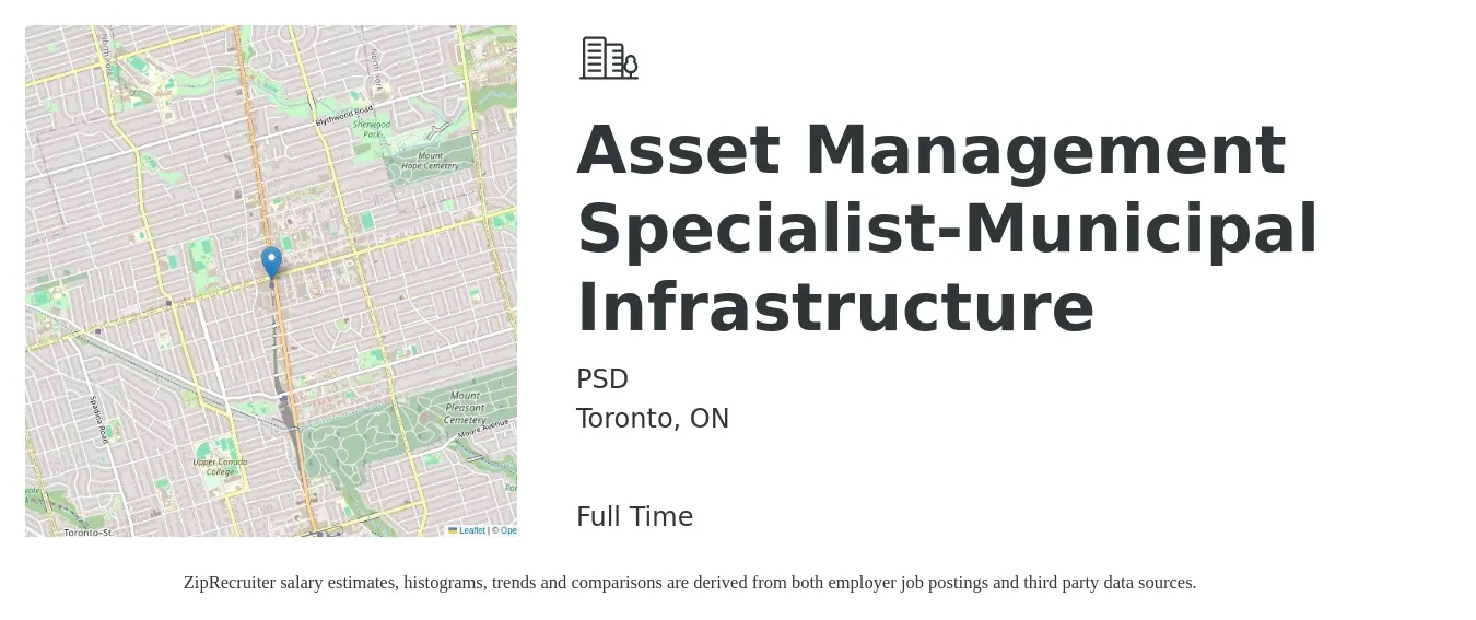 PSD job posting for a Asset Management Specialist-Municipal Infrastructure in Toronto, ON with a map of Toronto location.