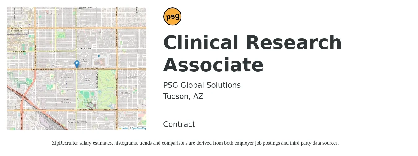 PSG Global Solutions job posting for a Clinical Research Associate in Tucson, AZ with a salary of $28 to $52 Hourly with a map of Tucson location.