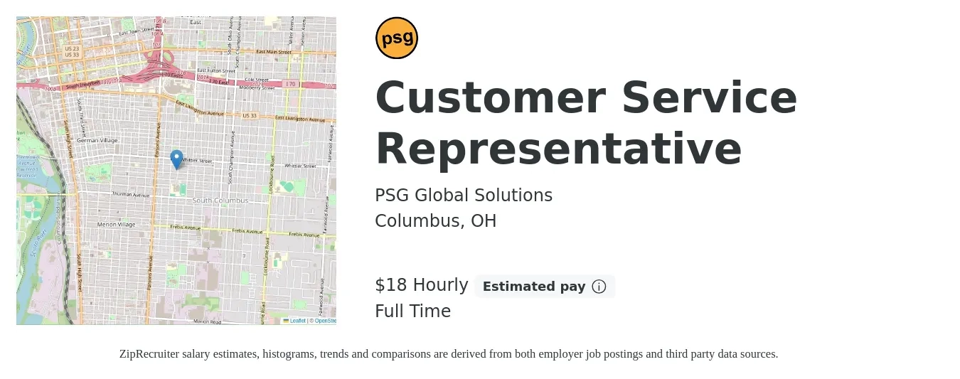 PSG Global Solutions job posting for a Customer Service Representative in Columbus, OH with a salary of $19 Hourly with a map of Columbus location.