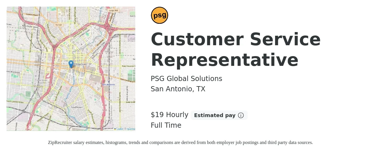 PSG Global Solutions job posting for a Customer Service Representative in San Antonio, TX with a salary of $20 Hourly with a map of San Antonio location.