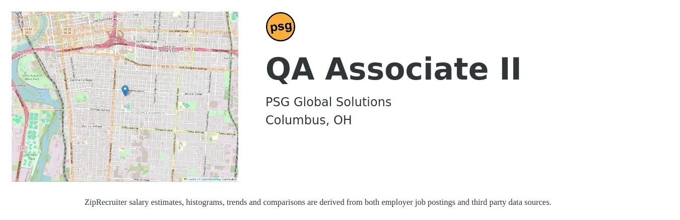 PSG Global Solutions job posting for a QA Associate II in Columbus, OH with a salary of $19 to $34 Hourly with a map of Columbus location.