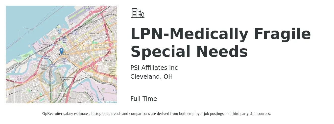 PSI Affiliates Inc job posting for a LPN-Medically Fragile Special Needs in Cleveland, OH with a salary of $25 to $34 Hourly with a map of Cleveland location.