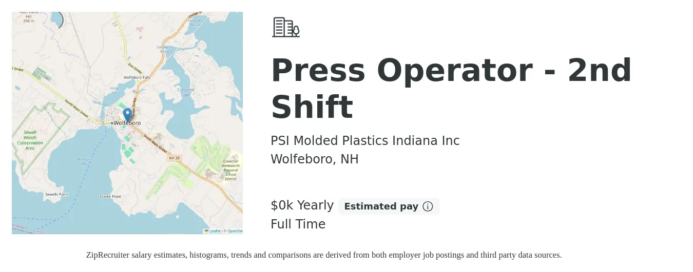 PSI Molded Plastics Indiana Inc job posting for a Press Operator - 2nd Shift in Wolfeboro, NH with a salary of $18 to $20 Yearly with a map of Wolfeboro location.