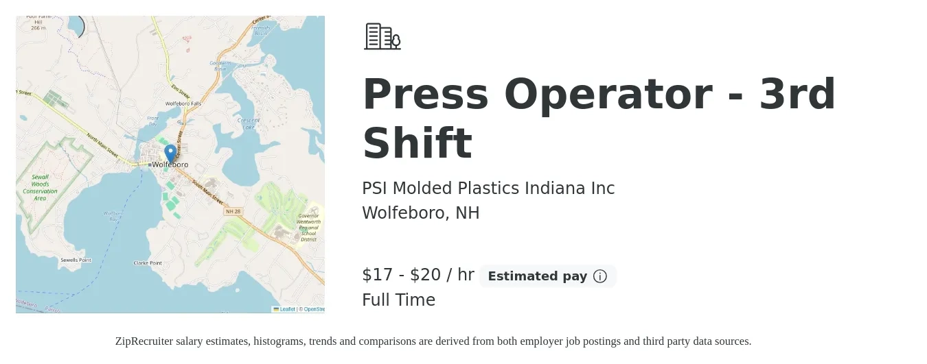 PSI Molded Plastics Indiana Inc job posting for a Press Operator - 3rd Shift in Wolfeboro, NH with a salary of $18 to $21 Hourly with a map of Wolfeboro location.