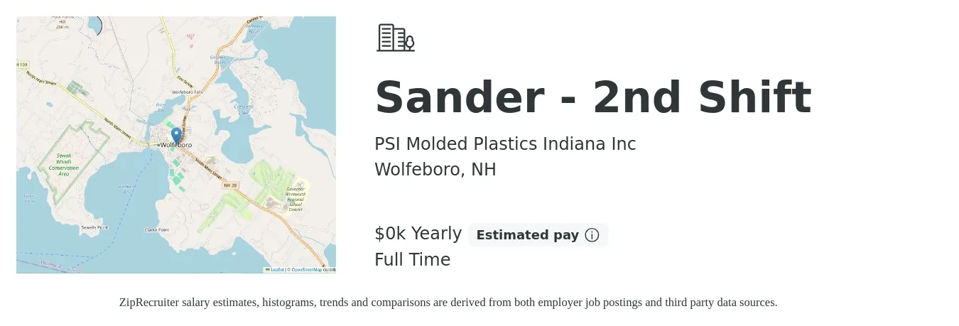 PSI Molded Plastics Indiana Inc job posting for a Sander - 2nd Shift in Wolfeboro, NH with a salary of $19 to $21 Yearly with a map of Wolfeboro location.