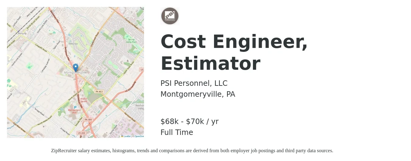 PSI Personnel, LLC job posting for a Cost Engineer, Estimator in Montgomeryville, PA with a salary of $68,000 to $70,000 Yearly with a map of Montgomeryville location.