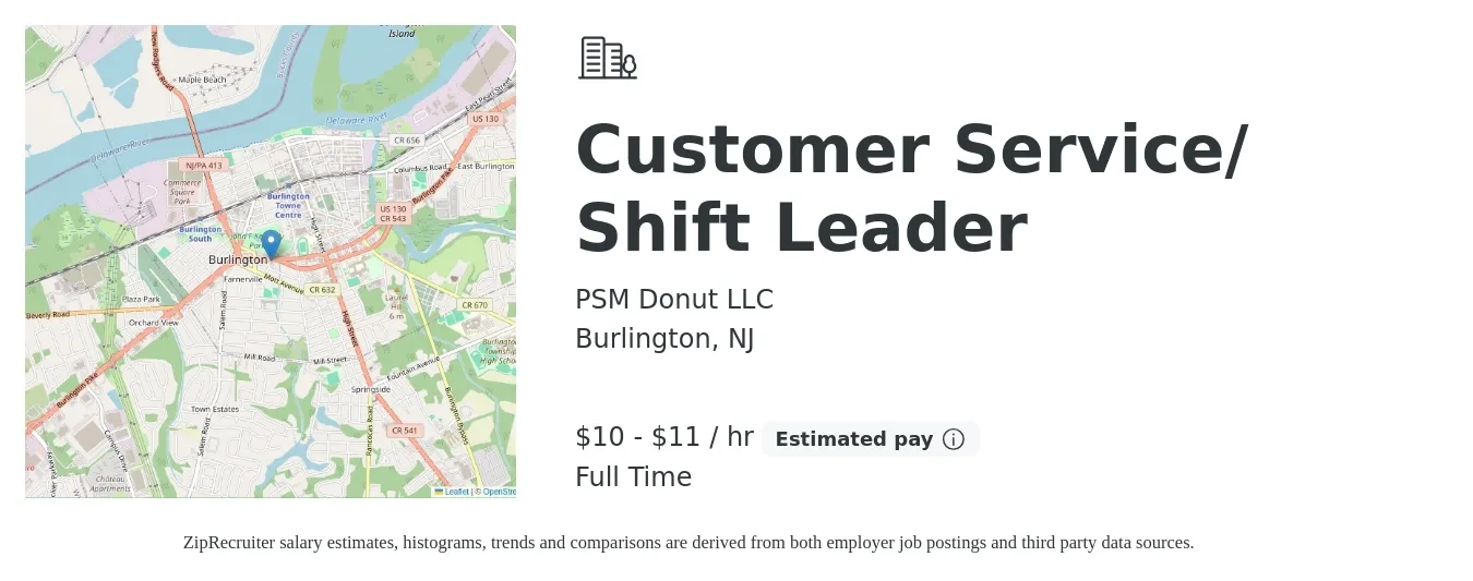 PSM Donut LLC job posting for a Customer Service/ Shift Leader in Burlington, NJ with a salary of $11 to $12 Hourly with a map of Burlington location.