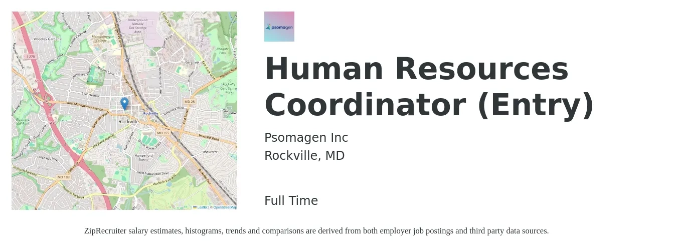 Psomagen Inc job posting for a Human Resources Coordinator (Entry) in Rockville, MD with a salary of $22 to $28 Hourly with a map of Rockville location.