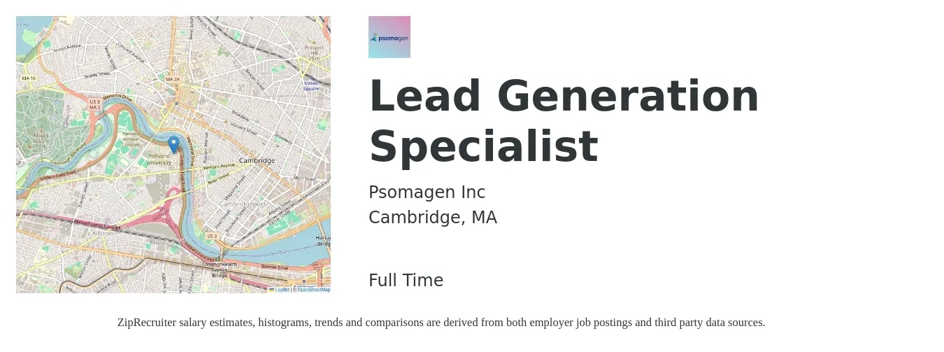 Psomagen Inc job posting for a Lead Generation Specialist in Cambridge, MA with a salary of $42,600 to $90,700 Yearly with a map of Cambridge location.