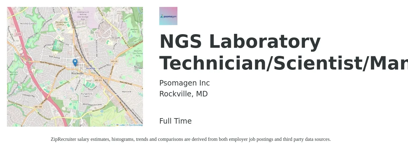 Psomagen Inc job posting for a NGS Laboratory Technician/Scientist/Manager in Rockville, MD with a salary of $20 to $30 Hourly with a map of Rockville location.