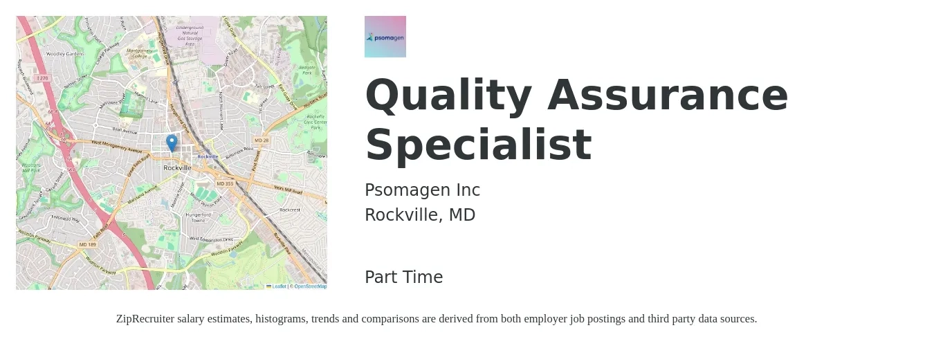 Psomagen Inc job posting for a Quality Assurance Specialist in Rockville, MD with a salary of $58,100 to $86,100 Yearly with a map of Rockville location.