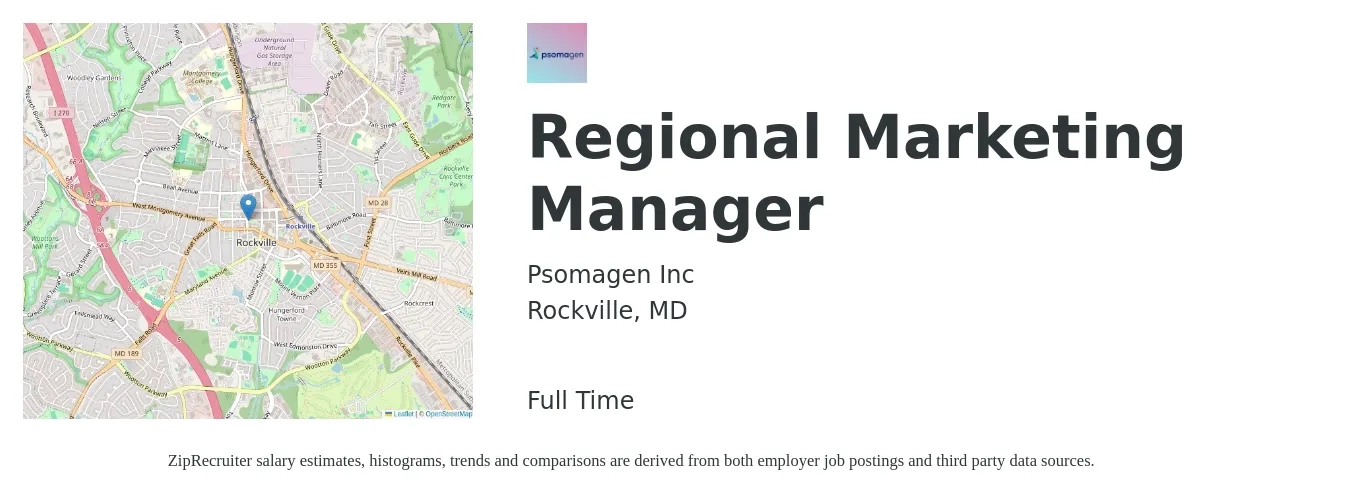 Psomagen Inc job posting for a Regional Marketing Manager in Rockville, MD with a salary of $52,500 to $86,100 Yearly with a map of Rockville location.