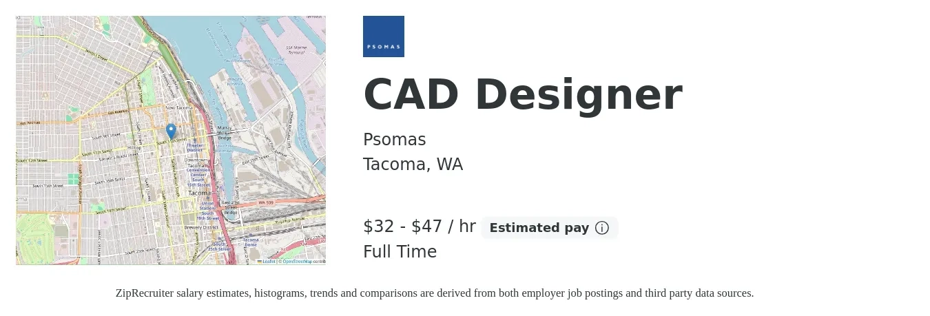Psomas job posting for a CAD Designer in Tacoma, WA with a salary of $34 to $49 Hourly with a map of Tacoma location.