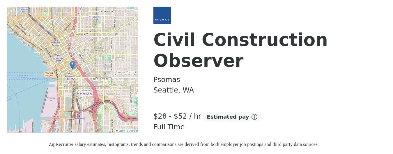 Psomas job posting for a Civil Construction Observer in Seattle, WA with a salary of $30 to $55 Hourly with a map of Seattle location.