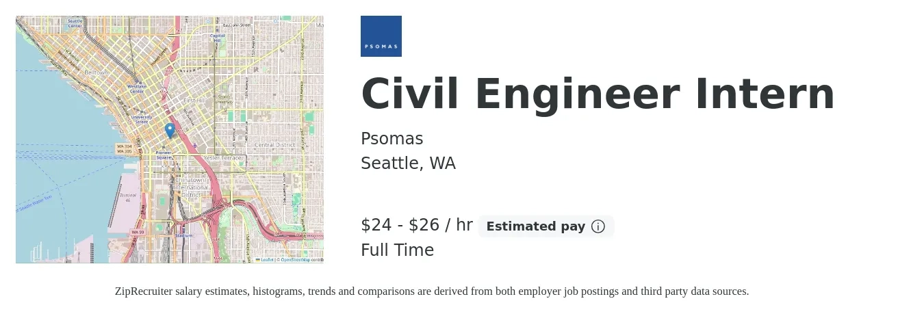 Psomas job posting for a Civil Engineer Intern in Seattle, WA with a salary of $26 to $28 Hourly with a map of Seattle location.