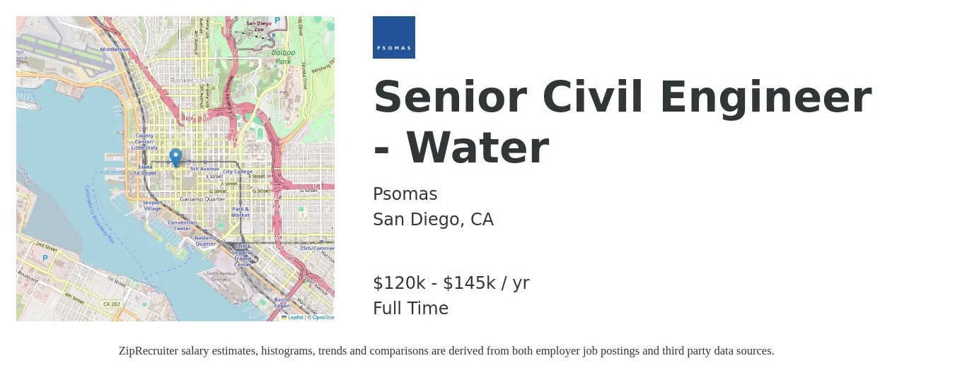 Psomas job posting for a Senior Civil Engineer - Water in San Diego, CA with a salary of $120,000 to $145,000 Yearly with a map of San Diego location.