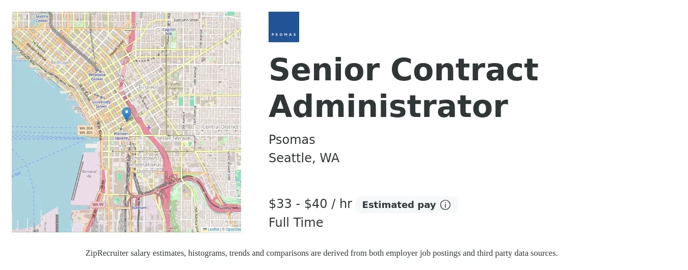 Psomas job posting for a Senior Contract Administrator in Seattle, WA with a salary of $35 to $42 Hourly with a map of Seattle location.