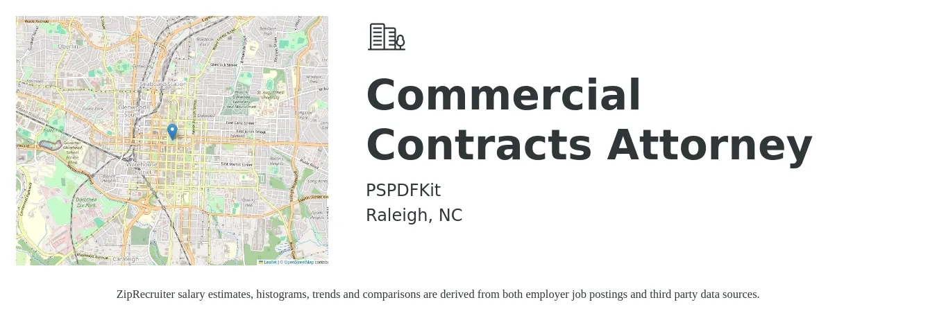 PSPDFKit job posting for a Commercial Contracts Attorney in Raleigh, NC with a salary of $87,000 to $135,100 Yearly with a map of Raleigh location.