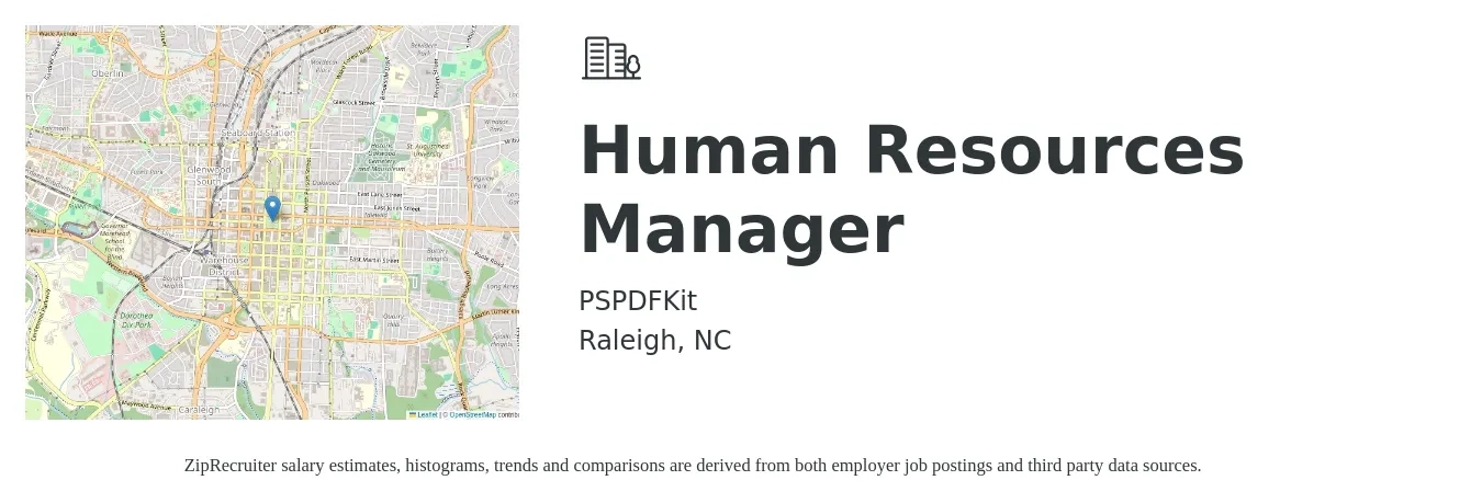 PSPDFKit job posting for a Human Resources Manager in Raleigh, NC with a salary of $67,100 to $97,200 Yearly with a map of Raleigh location.