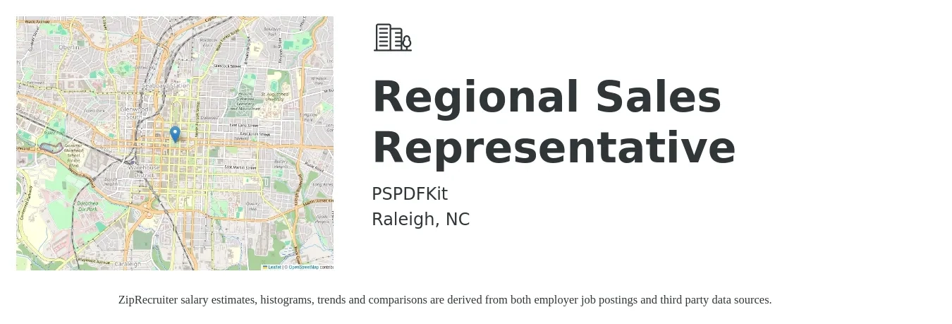 PSPDFKit job posting for a Regional Sales Representative in Raleigh, NC with a salary of $49,100 to $89,900 Yearly with a map of Raleigh location.