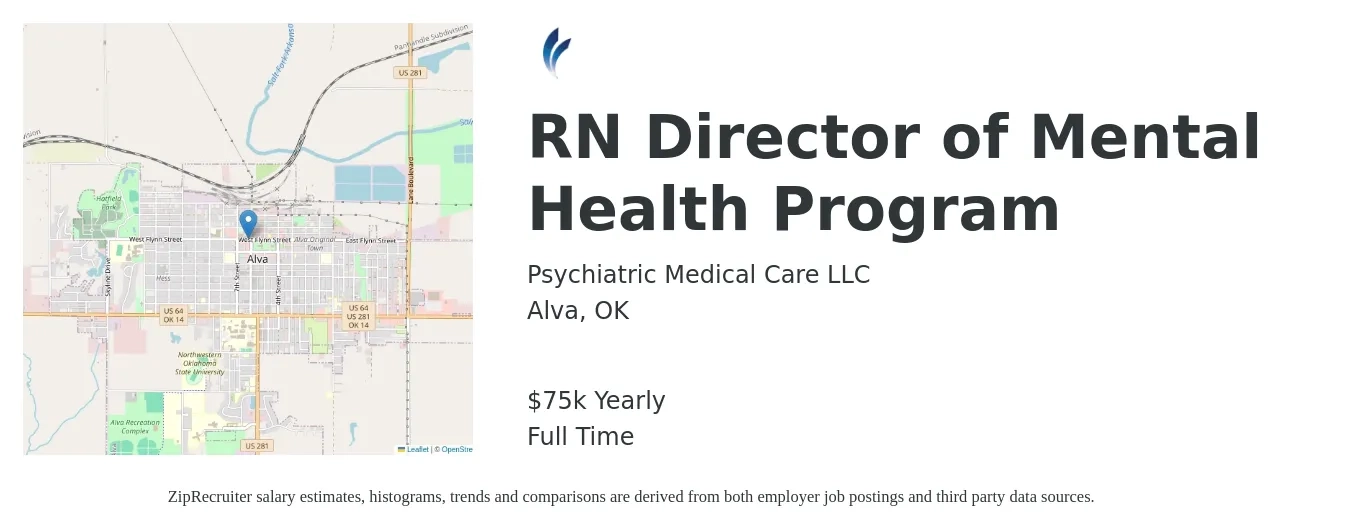 Psychiatric Medical Care LLC job posting for a RN Director of Mental Health Program in Alva, OK with a salary of $75,000 Yearly with a map of Alva location.