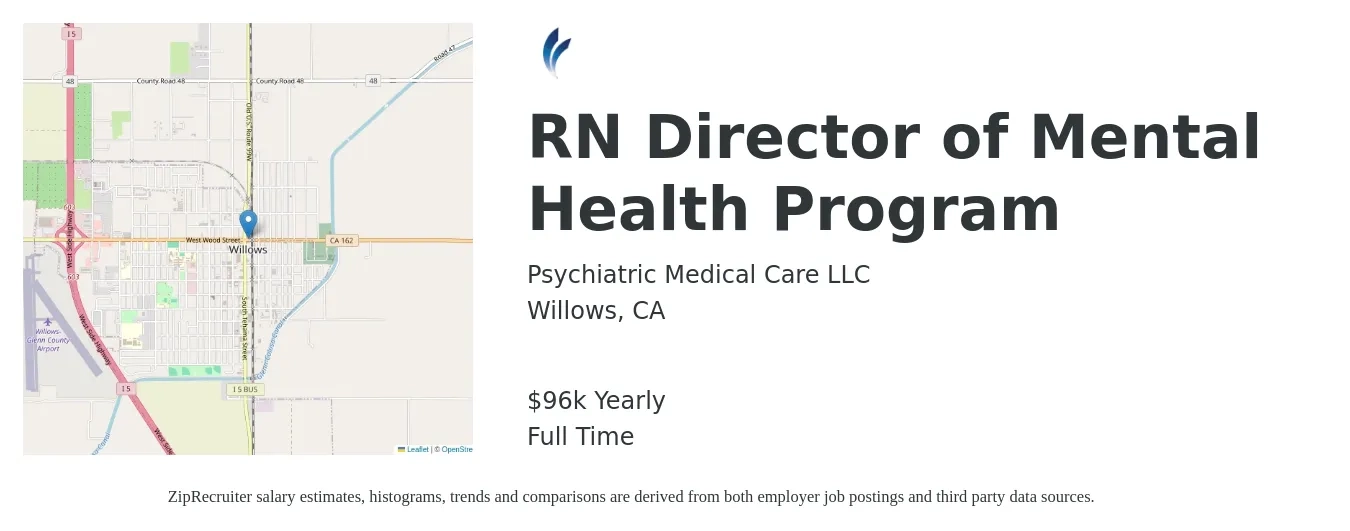 Psychiatric Medical Care LLC job posting for a RN Director of Mental Health Program in Willows, CA with a salary of $72,400 to $113,800 Yearly with a map of Willows location.