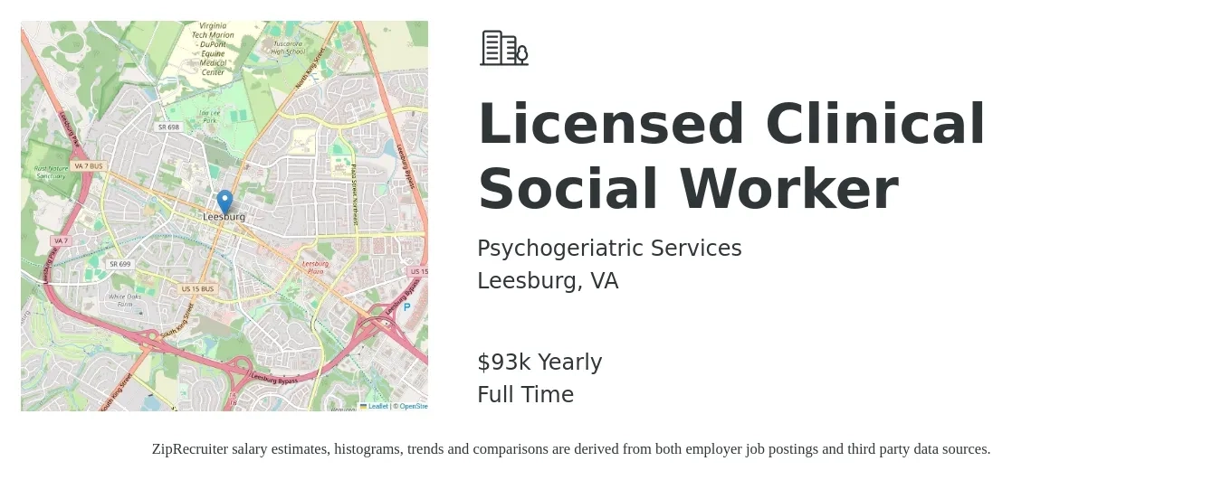 Psychogeriatric Services job posting for a Licensed Clinical Social Worker in Leesburg, VA with a salary of $93,600 Yearly with a map of Leesburg location.