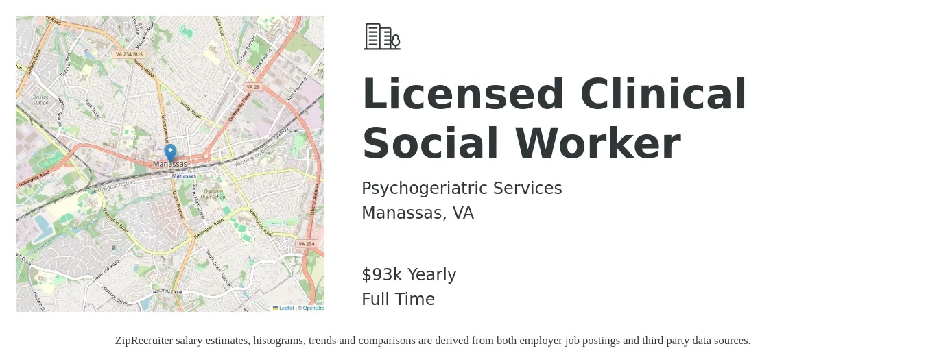 Psychogeriatric Services job posting for a Licensed Clinical Social Worker in Manassas, VA with a salary of $93,600 Yearly with a map of Manassas location.