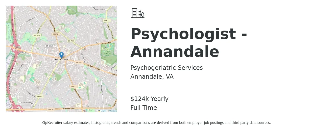 Psychogeriatric Services job posting for a Psychologist - Annandale in Annandale, VA with a salary of $124,800 Yearly with a map of Annandale location.