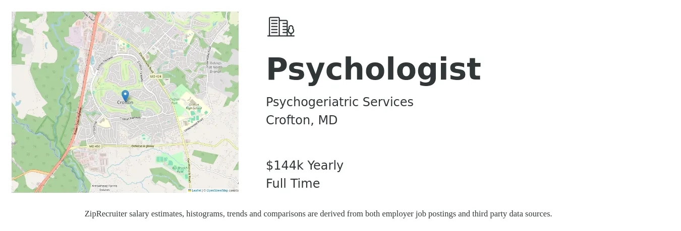 Psychogeriatric Services job posting for a Psychologist in Crofton, MD with a salary of $144,800 Yearly with a map of Crofton location.