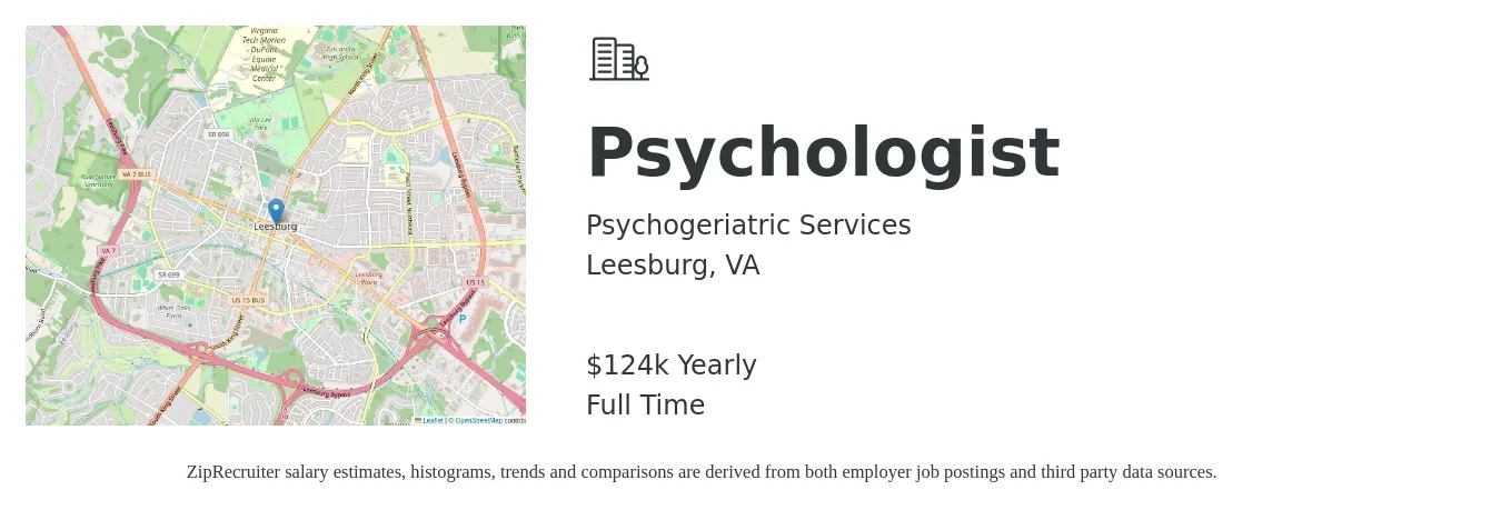 Psychogeriatric Services job posting for a Psychologist in Leesburg, VA with a salary of $124,800 Yearly with a map of Leesburg location.