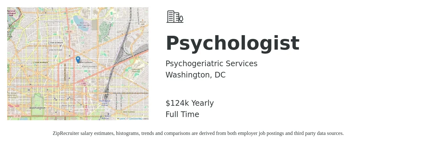 Psychogeriatric Services job posting for a Psychologist in Washington, DC with a salary of $124,800 Yearly with a map of Washington location.