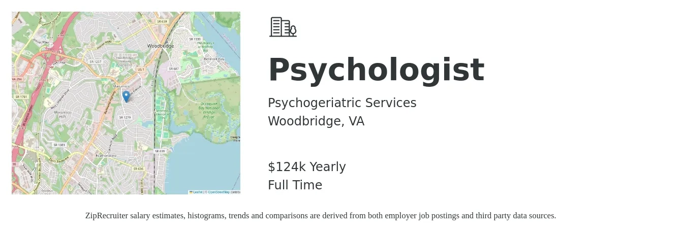 Psychogeriatric Services job posting for a Psychologist in Woodbridge, VA with a salary of $124,800 Yearly with a map of Woodbridge location.
