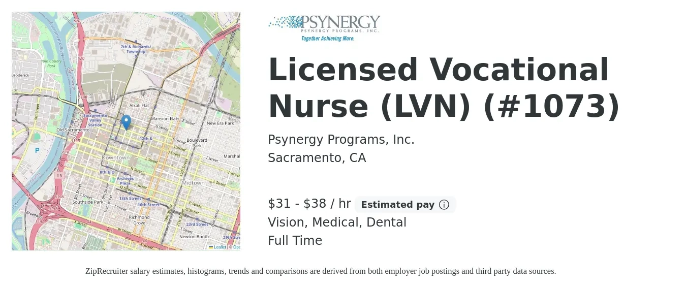 Psynergy Programs, Inc. job posting for a Licensed Vocational Nurse (LVN) (#1073) in Sacramento, CA with a salary of $33 to $40 Hourly and benefits including dental, life_insurance, medical, retirement, and vision with a map of Sacramento location.