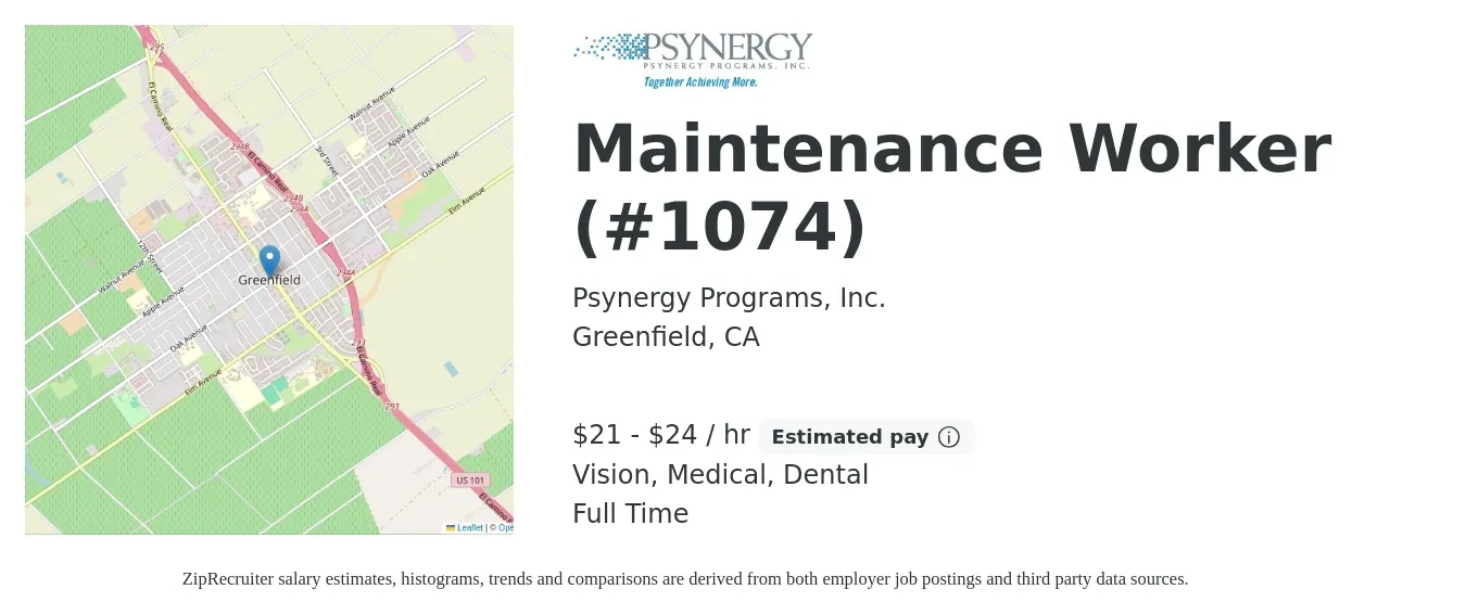 Psynergy Programs, Inc. job posting for a Maintenance Worker (#1074) in Greenfield, CA with a salary of $22 to $25 Hourly and benefits including dental, life_insurance, medical, retirement, and vision with a map of Greenfield location.
