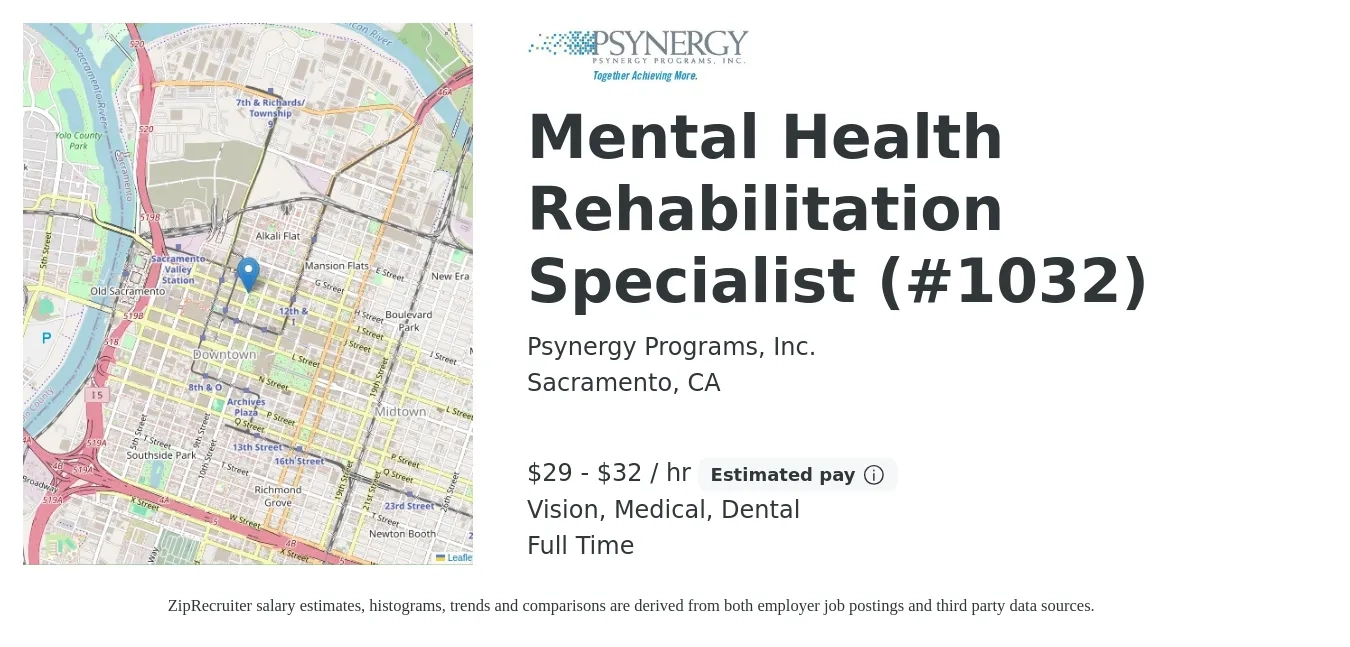 Psynergy Programs, Inc. job posting for a Mental Health Rehabilitation Specialist (#1032) in Sacramento, CA with a salary of $31 to $34 Hourly and benefits including medical, retirement, vision, dental, and life_insurance with a map of Sacramento location.